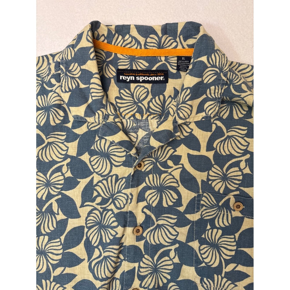 Reyn Spooner Mens XL Blue Tan Hibiscus Linen Cotton Hawaiian Floral Shirt
